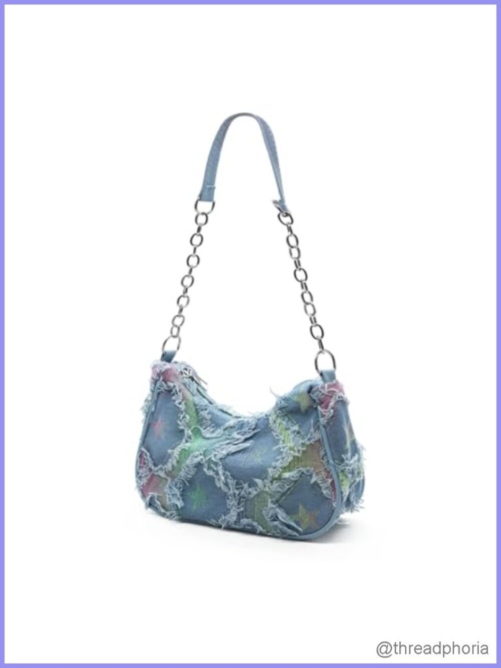 Quilted Denim Shoulder Bag Star Pattern Crescent Hobo Small Tote Zip Closure